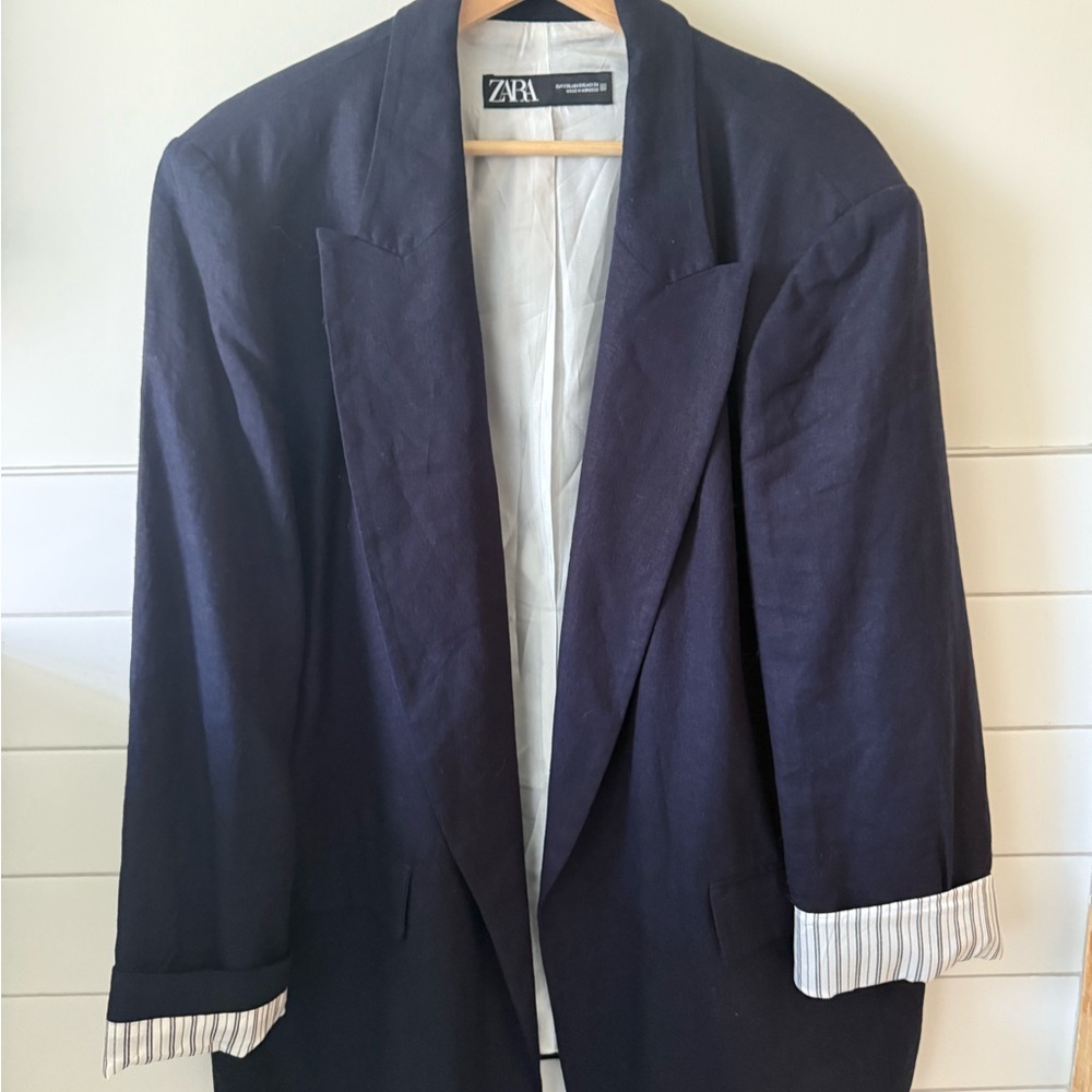 Zara Blue Blazer Classic Linen-Blend Structured